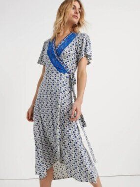 Lucky Brand Border Print  Wrap Dress Blue Floral Border Print V-Neck Tie Waist X